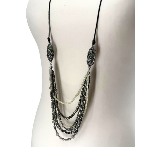 J. Jill Layered Necklace Art Deco Silver Tone Hematite Bead Pavé Adjustable Cord - Picture 10 of 15